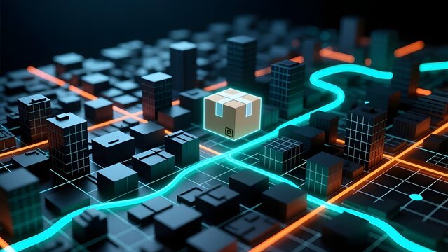 Futuristic logistics smart city map with glowing delivery package, digital supply chain network tracking, 3D isometric urban shipping infrastructure