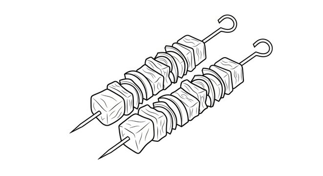 Two skewers hold a row of meat cubes. The skewers are attached to metal hooks. The meat cubes are cut into rectangular shapes. The image is a black and white line drawing.