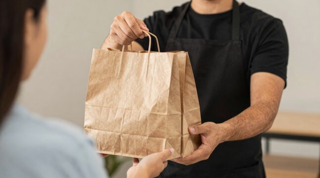 Two boxes with fast food being carried by delivery man in uniform for one of clients