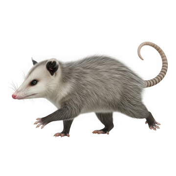 Virginia opossum side view realistic rendering detailed fur texture animal isolated on transparent background