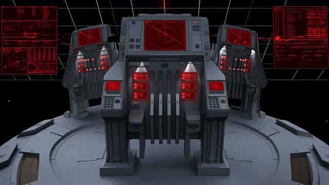 軍用端末と戦術データが表示されるガンメタル製の照準コンソールのローアングル映像