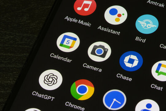 Portland, OR, USA - May 5, 2026: Assorted apps, including Apple Music, Google Assistant, Bird, Calendar, Camera, Chase, Chat, ChatGPT, and Chrome, are seen on the screen of a Google Pixel smartphone.