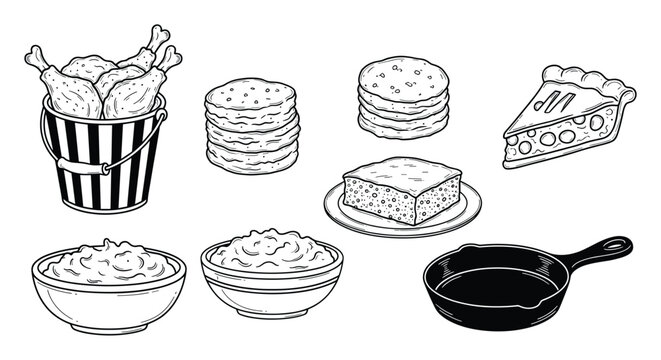Line art of fried chicken, pancakes, pie, and potatoes for various food menus