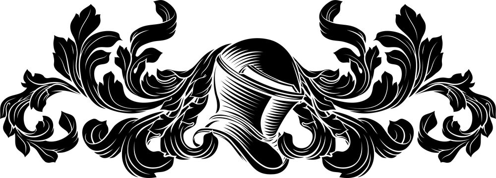 Coat of arms crest knight family medieval shield heraldry heraldic armorial motif. Featuring a knights helm helmet in a vintage etching engraving woodcut style 
