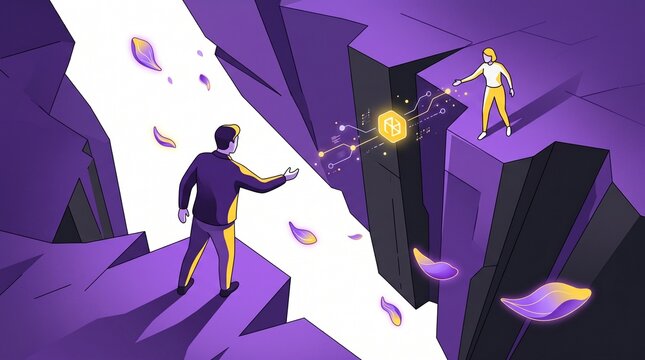 Digital connection across a chasm, two people bridging a gap with glowing data, a conceptual illustration of technology and communication, overcoming challenges with innovative solutions.