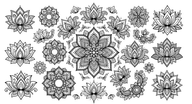 Mehndi lotus flower pattern vector collection with henna style outline for meditation and spa design