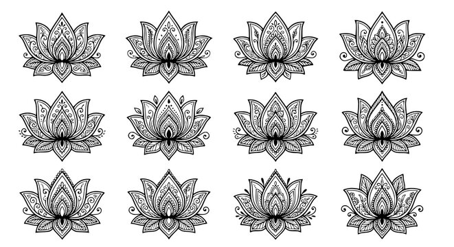 Minimal lotus mehndi vector set with floral outline symbols for yoga meditation and wellness branding
