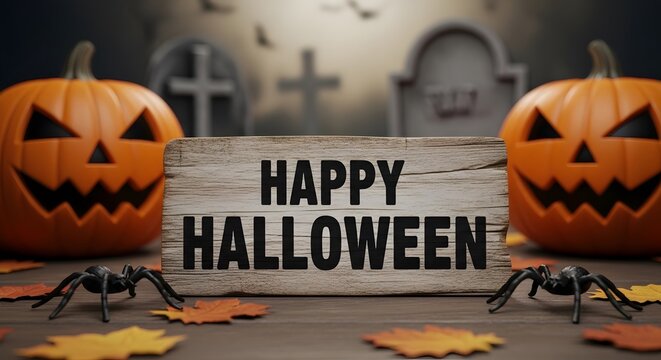 3d happy halloween neon sign in city skyline