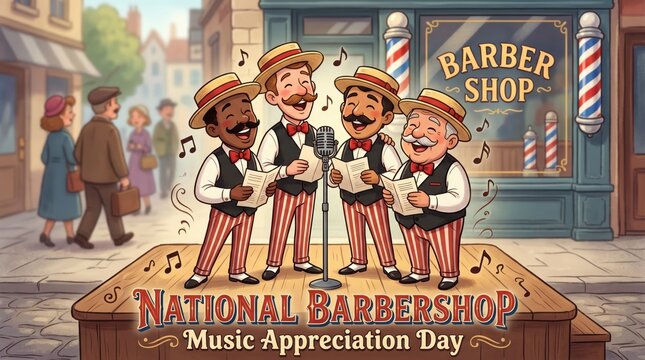 Four men singing on a stage in front of a barber shop