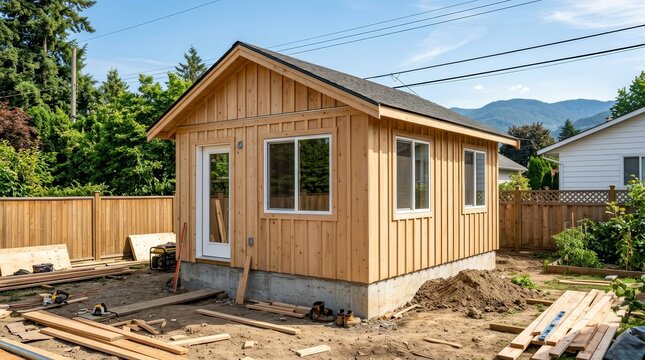 Small ADU being constructed in a suburban backyard to grow housing supply.