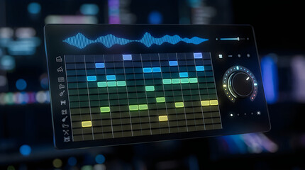 Fototapeta premium Digital music production workstation with glowing electronic audio mixer