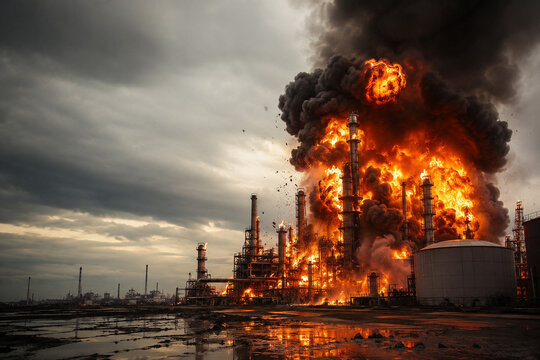 AI generated dramatic oil refinery explosion with massive fire and smoke dark clouds industrial destruction energy crisis pollution hazard and environmental damage concept