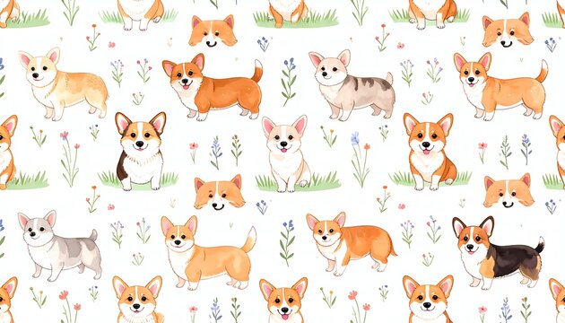 Whimsical, repeating pattern featuring adorable, illustrated corgi dogs amidst colorful wildflowers on a bright white backdrop