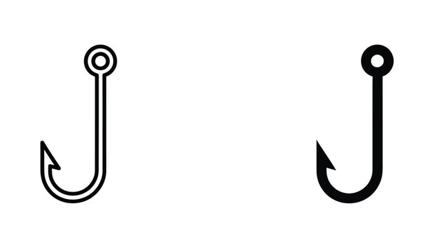 Classic fishing hook icons showing both thin line art and solid black silhouette styles for angling equipment packaging outdoor adventure branding or fishing lifestyle and hobby graphic projects