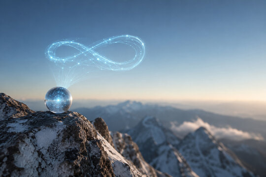 AI generated glowing neural sphere projecting hologram loop on mountain peak in cold air minimal background futuristic technology concept with copy space