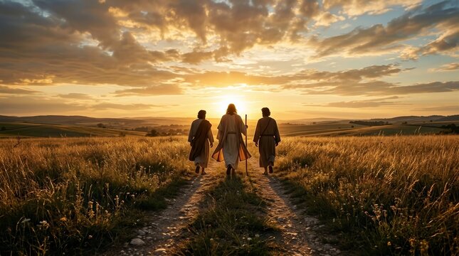Two disciples walking with Jesus on the road to Emmaus during the moment of revelation.