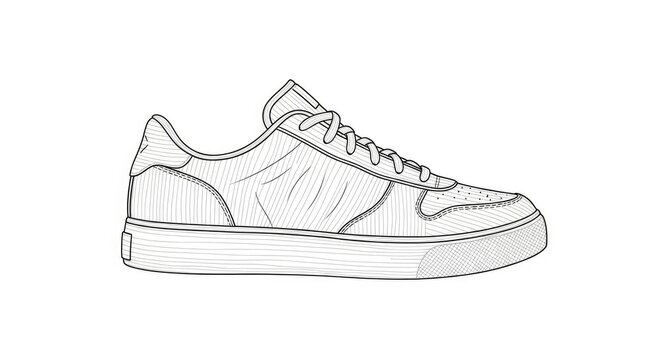 A detailed black and white line drawing depicts a classic low-top sneaker. The shoe features a ribbed upper, a lace-up closure, and a simple, rounded toe.