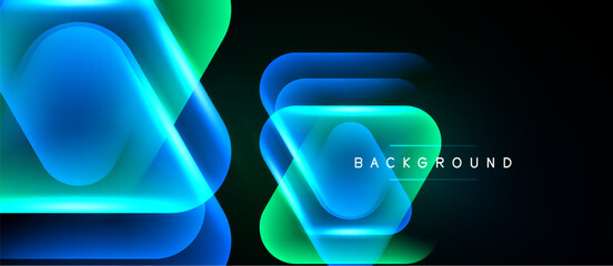 Fototapeta premium Abstract geometric shapes overlap, creating vibrant blue, green glow. Dark background emphasizes luminous layers, modern design element.