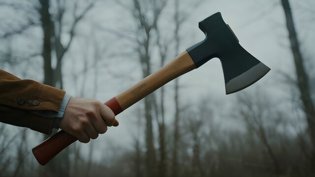 A person&rsquo;s hand firmly grips a modern wooden-handled hatchet against a blurred backdrop of bare trees in a misty forest.