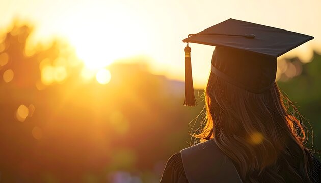 A woman in graduation cap looks out at sunset
