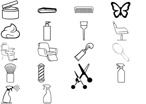 Professional Hair Care Tools Vector Icon Set Collection Bundle Featuring 18 Essential Salon Styling Equipment Barber Grooming Accessories Scissors Combs Dryers Flat Minimalist Graphic Elements