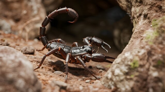 A dark, armored scorpion with powerful pincers and a curved stinger crawls through a rocky, shadowy crevice in its natural habitat.
