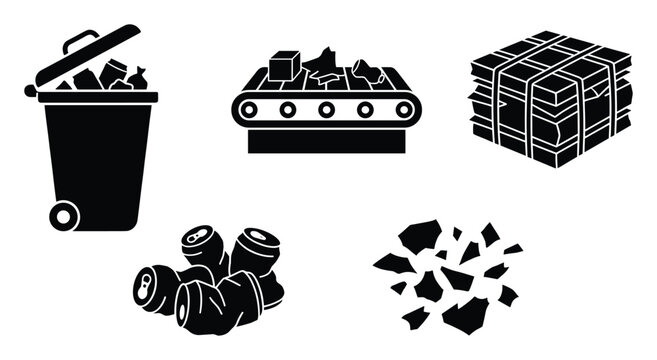Recycling waste management icons including trash bin conveyor belt compressed paper and crushed cans
