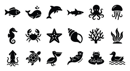 Obraz premium Aquatic animal and marine life icons perfect for educational resources or nature designs