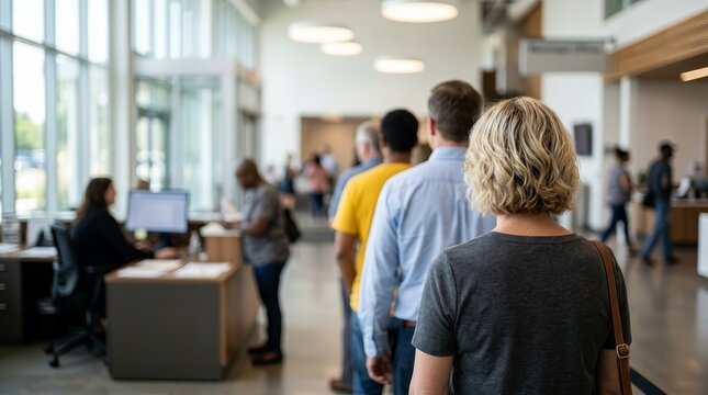 Faceless people waiting in line at a municipal office reception desk for public service administration.
