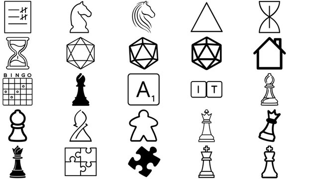 Ultimate Tabletop Gaming Vector Icon Set: A comprehensive collection of 25 detailed flat and minimalist vector icons featuring roleplaying game dice, board game meeples, cards, and strategy tokens.