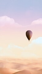 Fototapeta premium Dreamy watercolor illustration of a hot air balloon drifting over soft pastel hills at sunrise