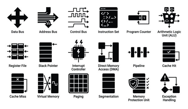 Computer architecture operating system core process icons for technology education applications