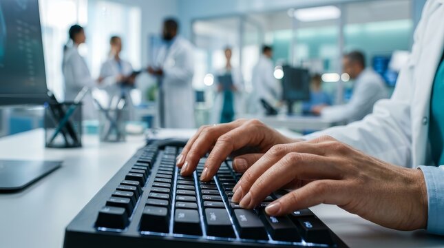 Healthcare professionals collaborating on medical coding tasks using computer systems
