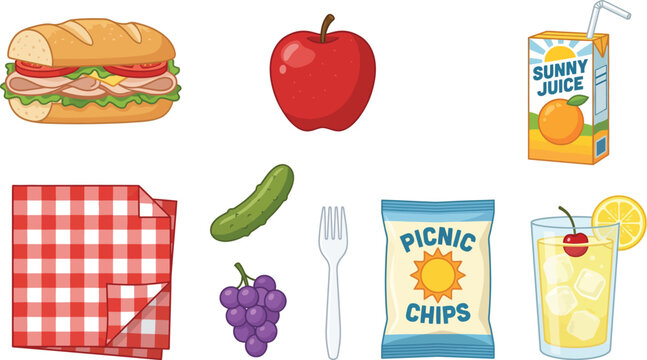 Flat lay vector set of picnic food and drink items in flat design illustration style, top view
