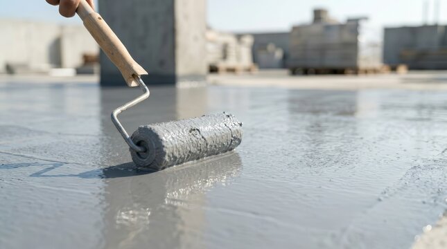 Gray hand painted flooring using waterproofing and reinforcing net for deck roof repair.