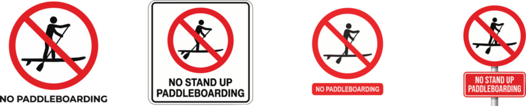 A sign prohibiting stand up paddleboarding in an area, vector set isolated on white