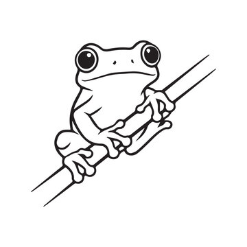Black and white line art sketch of a cute tree frog climbing a branch, hand drawn amphibian vector illustration
