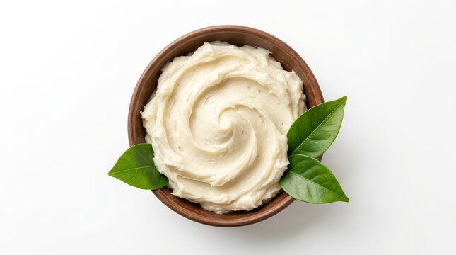 Top view of shea butter in a bowl isolated on a white background.
