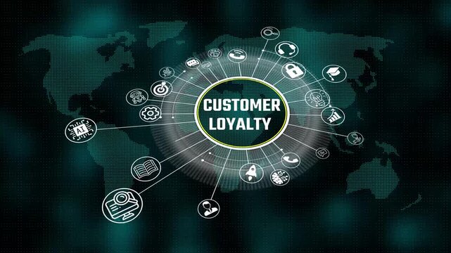 customer loyalty 3d illustration. Business, Technology, Internet and network concept. virtual screen of the future and sees the inscription. 4k video animation and world map