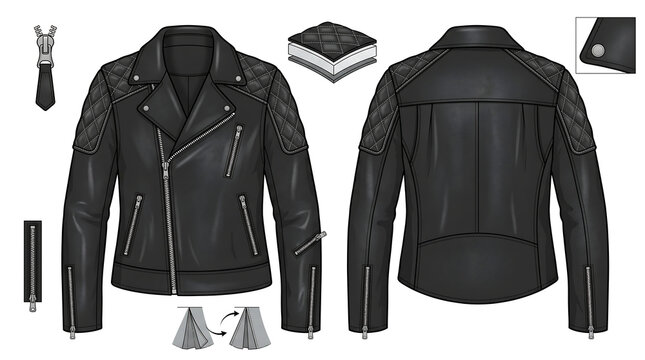 Flat Technical Fashion Illustration of a Leather Biker Jacket with Asymmetric Zipper and Quilted Inserts on White Background