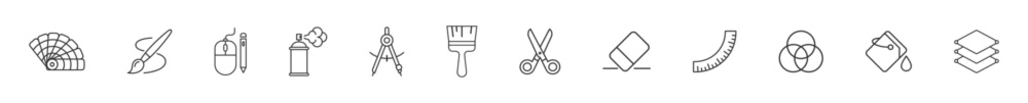 line art design and art tools icons set including color palette mouse compass brush scissors eraser ruler on transparent background