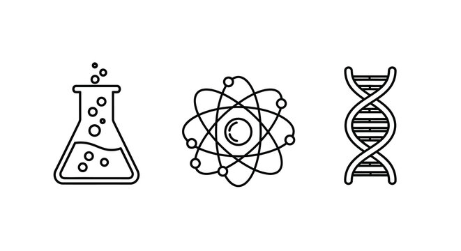 Science Icons Set Flask Atom Model And Dna Strand