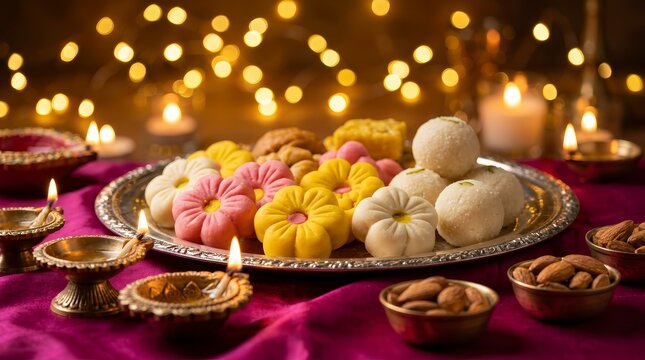 Assorted Diwali sweets and treats displayed against a colorful festive background.