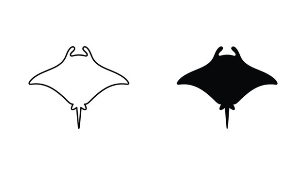 Marine life manta ray silhouette icon set featuring elegant sea animal shape in outline and solid black style for ocean conservation graphics