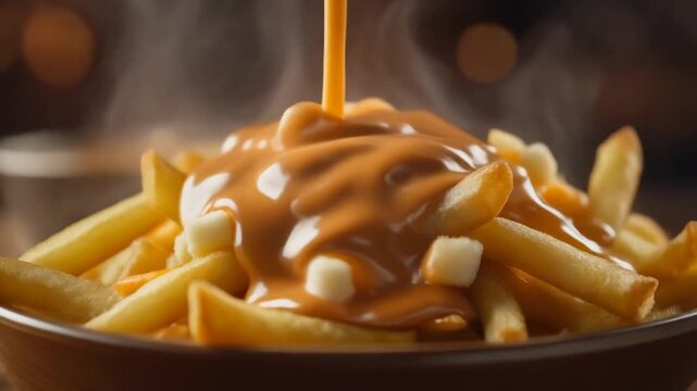 Poutine Pouring over a Bowl of French Fries and Cheese Curds for Food Bloggers and Restaurant Menus