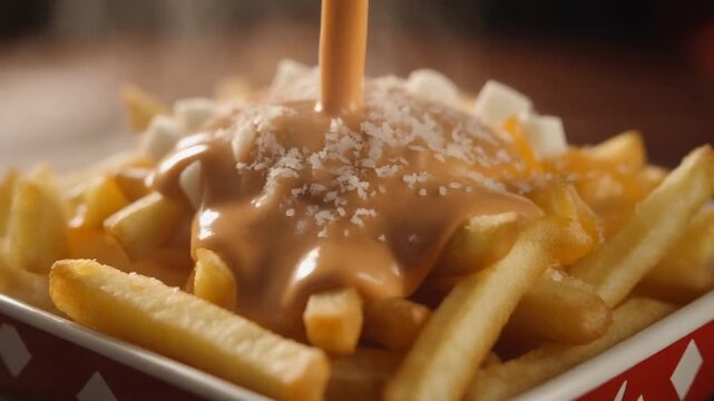 Freshly Cooked Fries Being Drenched in Delicious Gravy with Cheese Curds in a Mouth Watering Culinary Scene