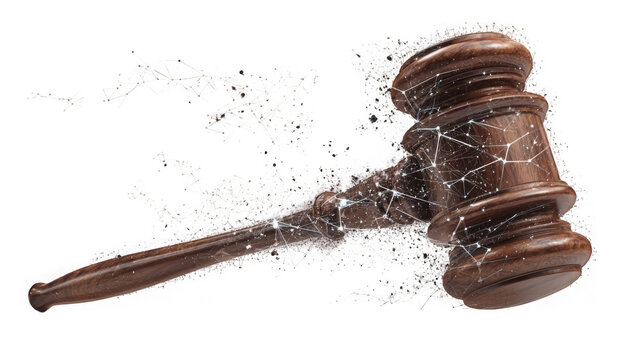 Brown wooden gavel with white connections and particles on transparent background