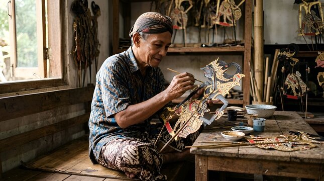 Skilled artisan crafting traditional shadow puppet in workshop, cultural heritage, meticulous detail