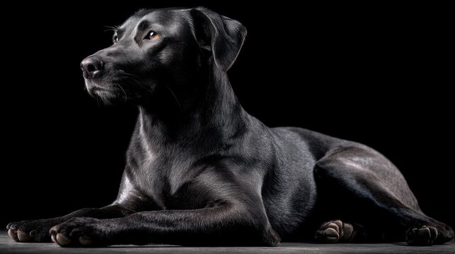 Majestic black dog laying on a dark surface with a serene expression, perfect for pet-related content and animal photography