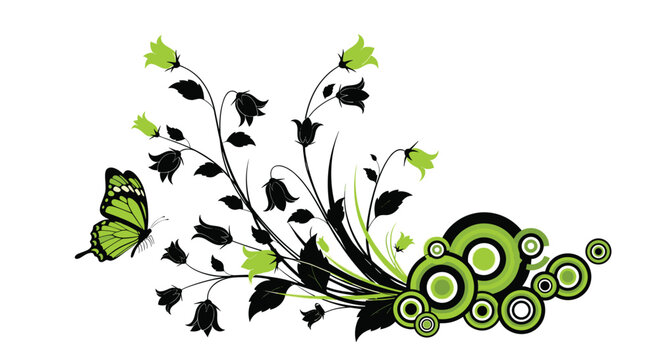 Stylish corner ornament featuring black silhouettes of flowers and vines, bright green blossoms, and a green butterfly with geometric circles.